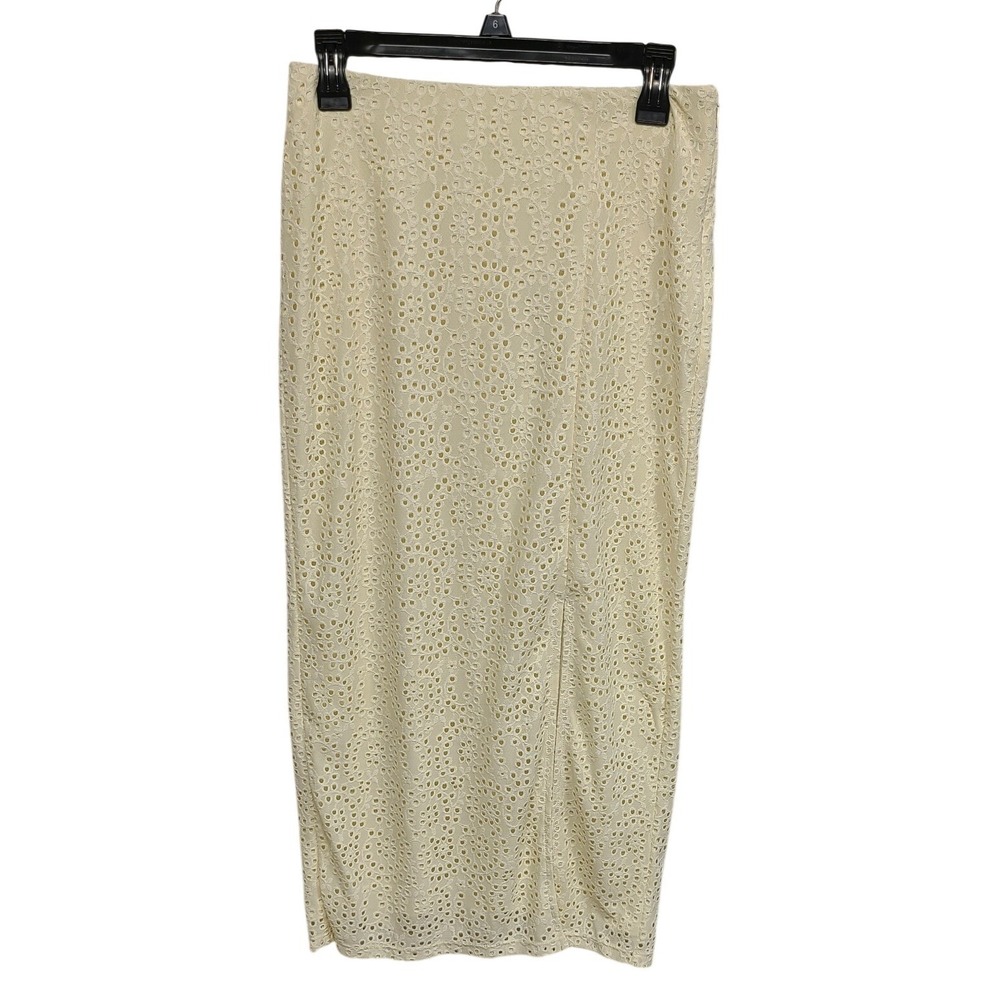 A New Day Women's Cream Eyelet Lace Midi Skirt High Rise Lined Side Slit‎